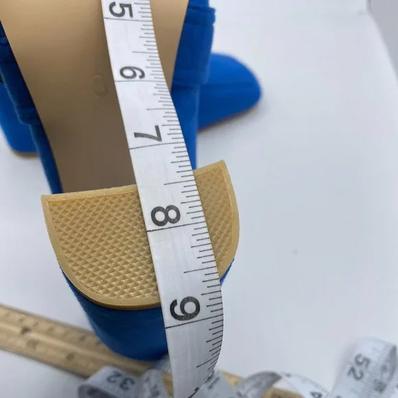 YDN Blue Suede Chunky High Heel Square Toe Loafer Buckle Office Pumps - Picture 11 of 11